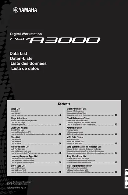 yamaha雅马哈PSR-A3000 Data List